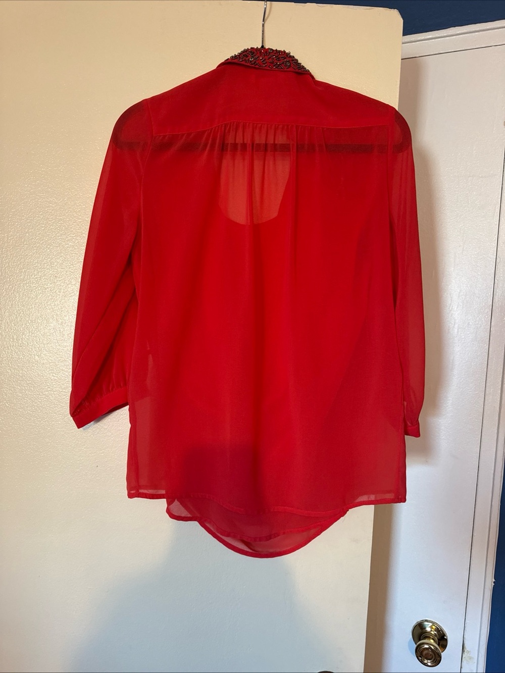 Sheer Red Women's Blouse with Embellished Collar